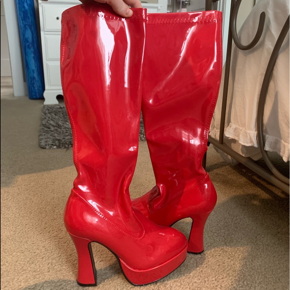 Platform red latex knee high boots